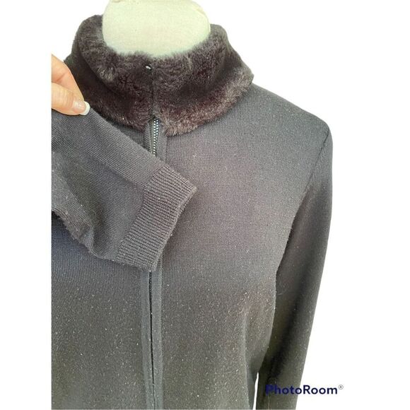 Nina Leonard Classic Zip Cardi w/Faux Fur Collar Sz L Long Sleeve Wool Blend - Picture 6 of 9